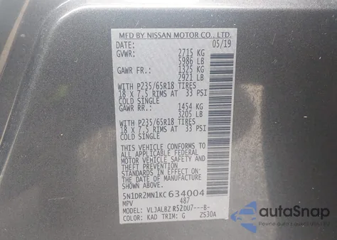 2019 Nissan Pathfinder S z USA, uszkodzony, nr VIN 5N1DR2MN1KC634004